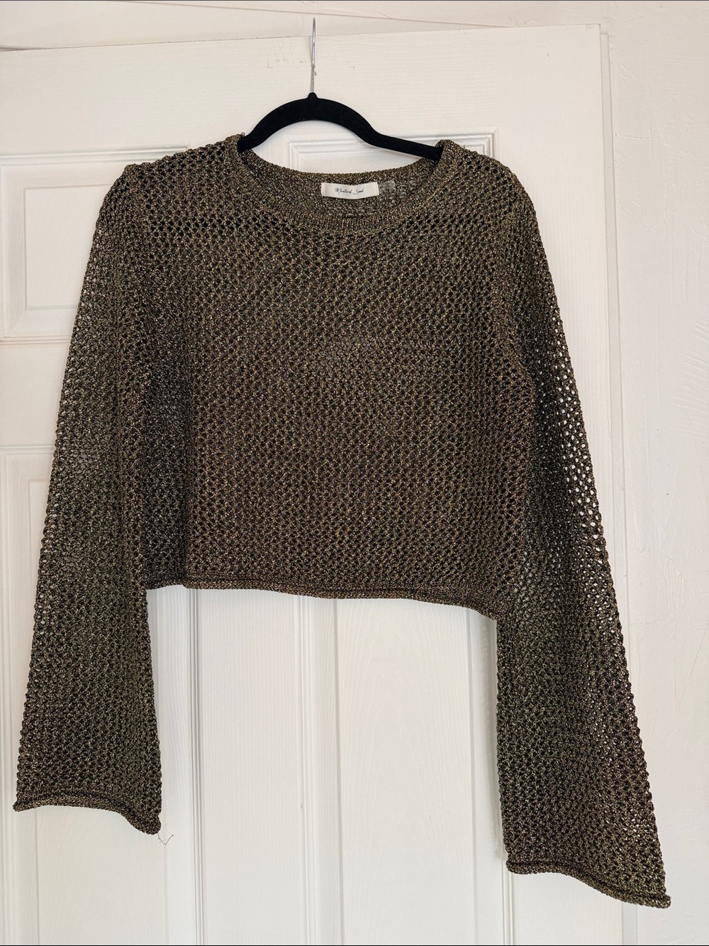 Mustard Seed Metallic Olive-Gold Open Knit Crop Top